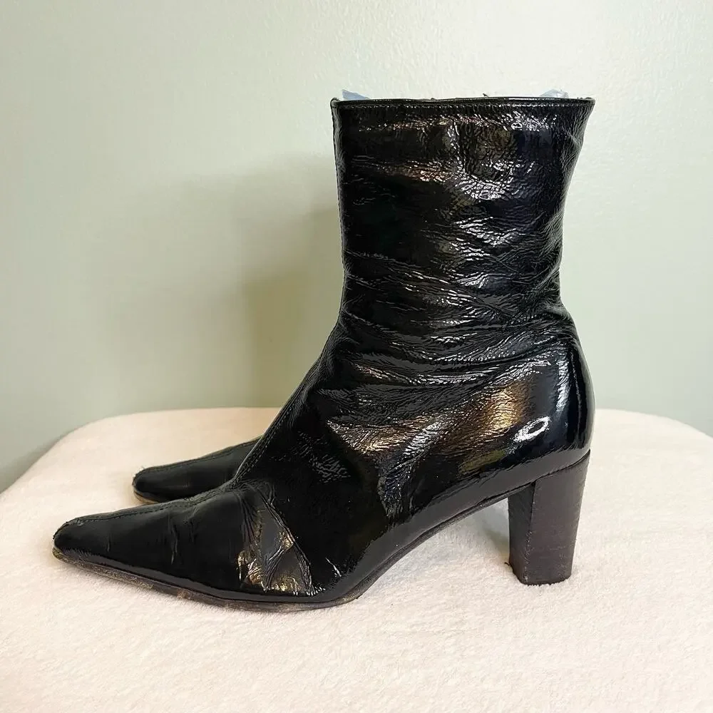 Aquatalia Leather Ankle Boots Size 8 Black Shiny Pointy Toe Luxury Made in ITALY